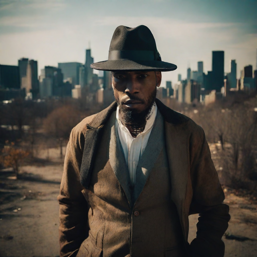 front shot, photo of Urban Chicago gangster  looks at viewer, cinematic shot