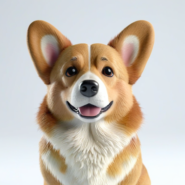 white background, front shot studio 3D render of corgi, cinematic shot