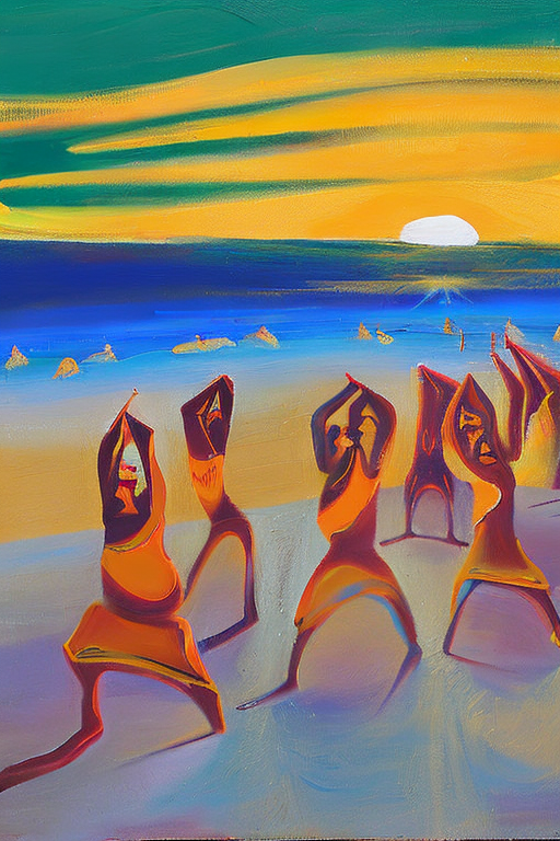 An AI generated image representing "A wild and fervent dance encircles the golden calf at sunset. Explosive brushstrokes of ochre and yellow wrap around the figures, the jagged lines and exaggerated shapes evoking the passionate emotions of the dancers. The warm, orange glow of the evening sky creates a surreal atmosphere, the light reflecting off the sand and sea in an ever-shifting kaleidoscope of colour."