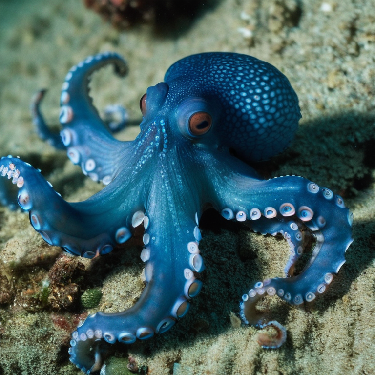 front shot,  photo of a blue octopus  looks at viewer, cinematic shot