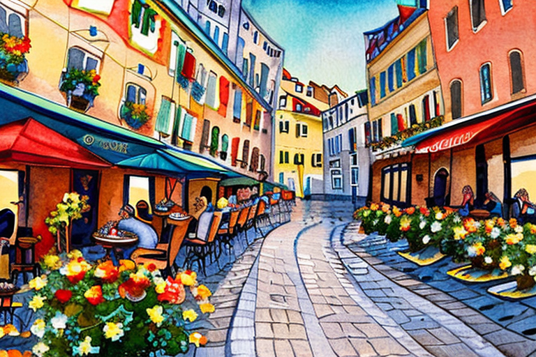 AI generated art representing "Create a charming watercolor of a narrow European street lined with colorful buildings, bustling cafes, and cobblestone roads, featuring a warm and inviting color palette of oranges, yellows, and reds."