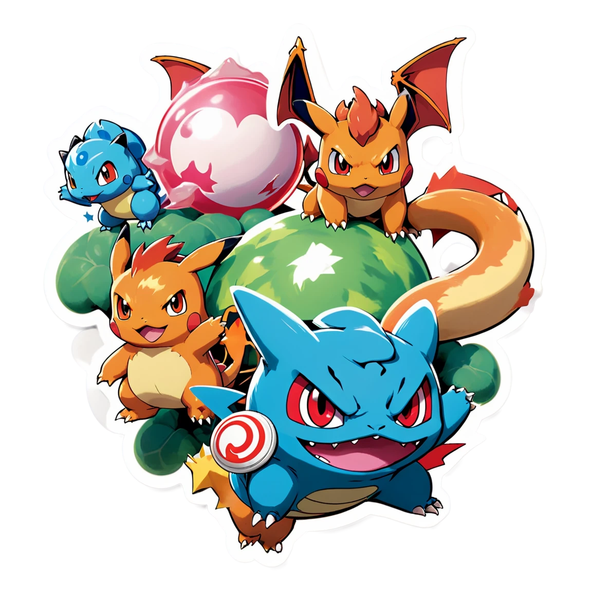 with charizard, holding a pokeball, with jigglypuff, with ash, with gym badges, with mewtwo, in a battle, with bulbasaur, with squirtle, with eevee pokemon stickers