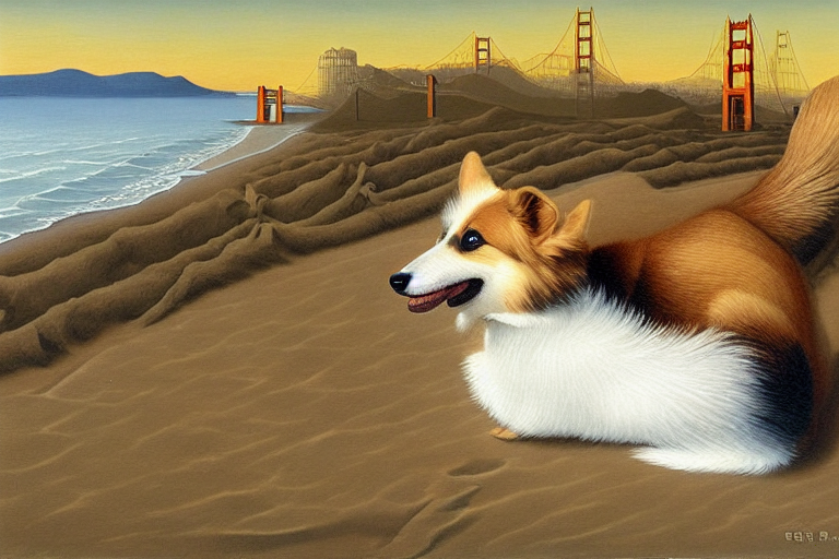Sable heart shaped face Corgi with tail on sand at the beach, Golden Gate Bridge in background by Rene Magritte surreali