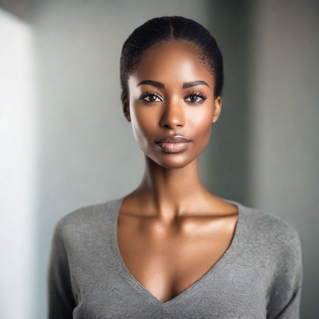 front shot, photo of a sleek, modern figure with soft, welcoming features—friendly eyes that convey warmth and underst