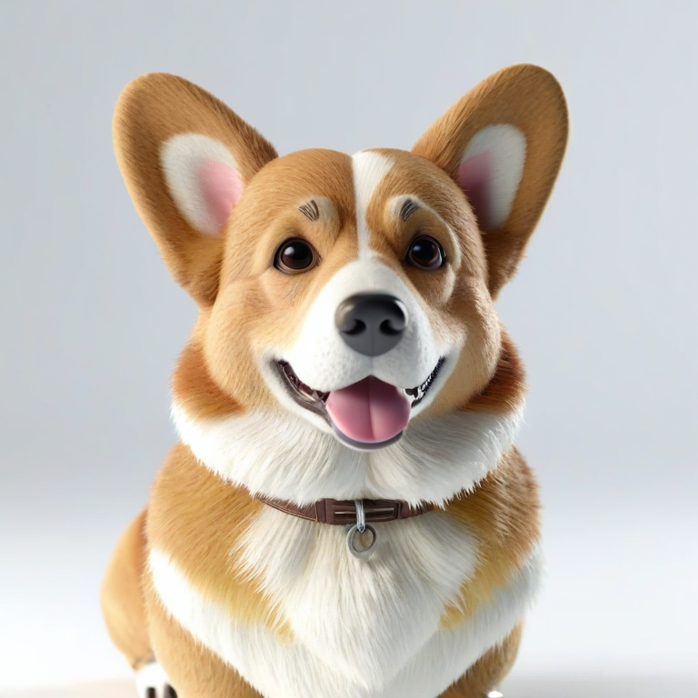 white background, front shot studio 3D render of corgi, cinematic shot