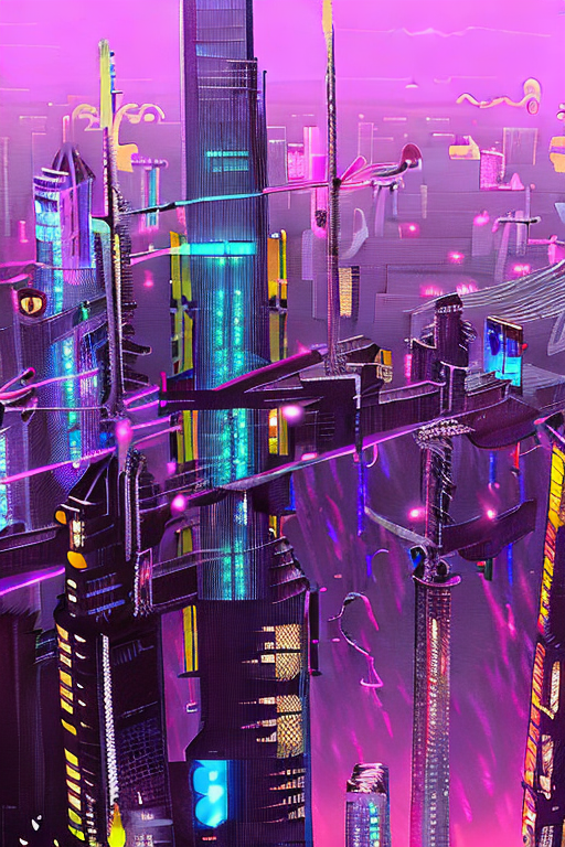 AI generated art representing "A dark and dystopian Tokyo cityscape looms in the near future, illuminated by neon, fog, and rain. Harsh lines, intense shadows, electric blues, grays, and purples, with metallic glints and futuristic architecture."