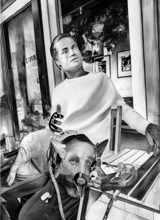 An classically handsome noir action hero at hipster coffeee shop