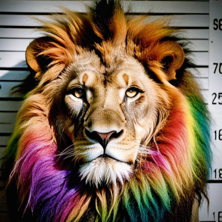 front shot, mugshot photo of a rainbow lion  looks at viewer, cinematic shot