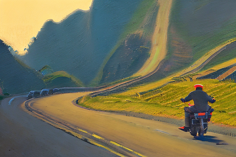 AI generated art representing "As the sun dips behind the horizon, a man on a motorbike travels along the winding roads of Ha Giang, Vietnam. The landscape is illuminated in a golden, magical light, creating a dreamy and ethereal atmosphere. Layers of bold and muted colours, textures, and shapes blend together in a painterly blend of haziness and clarity."