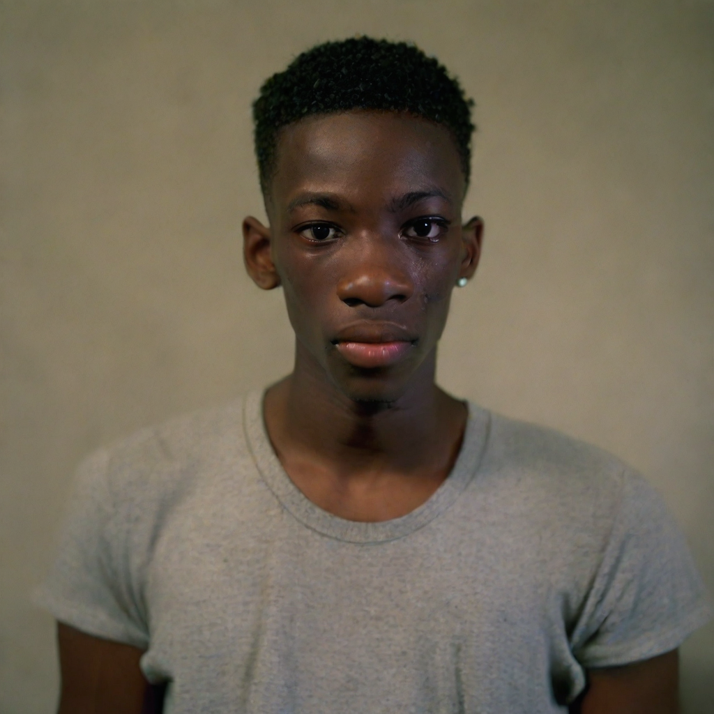 front shot, photo of black male, skinny with pimples on his face, approximately 5’8”, high school age  looks at view