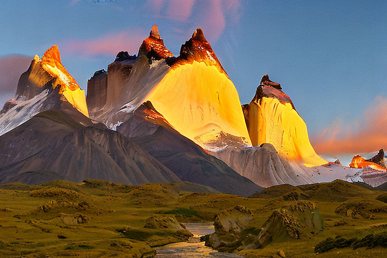 AI generated art representing "The Cordillera del Paine in Chile is illuminated by the warm, golden light of the summer setting sun. The rule of thirds is used to frame the majestic mountains and the glowing, hazy sky with its vastness and complexity. Dreamy, atmospheric, ethereal, misty, romantic and alluring are all words that can be used to describe this scene."