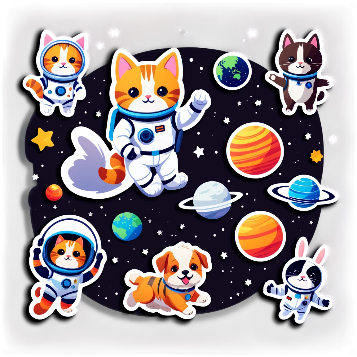 Create stickers featuring various animals (like cats, dogs, and rabbits) dressed as astronauts, floating in space with tiny planets and stars in the background. cat stickers