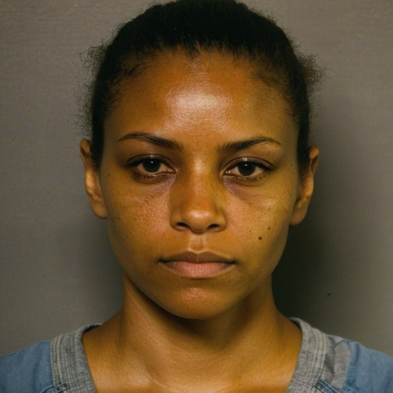 front shot, mugshot photo of a Woman  looks at viewer, cinematic shot