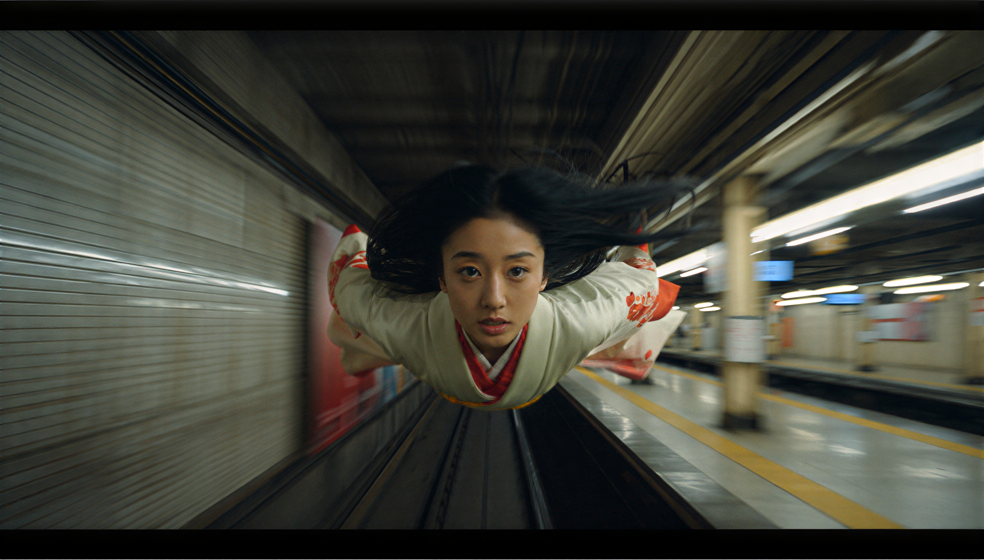 Surreal woman in kimono flying through a dimly lit subway station