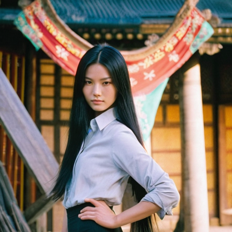 front shot, actor photo of a Taiwanese woman with long black hair tall 22 years old  looks at viewer, cinematic shot