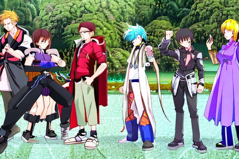 An AI generated image representing "A group of diverse anime characters, each with their unique style and colorful outfits, striking dynamic poses against a scenic background."