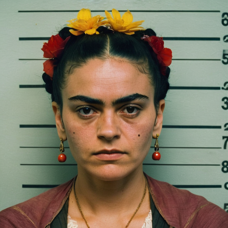 front shot, mugshot photo of a woman who looks like frida kahlo  looks at viewer, cinematic shot