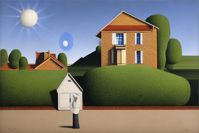 A person standing in front of a house on a sunny day by Rene Magritte surrealist