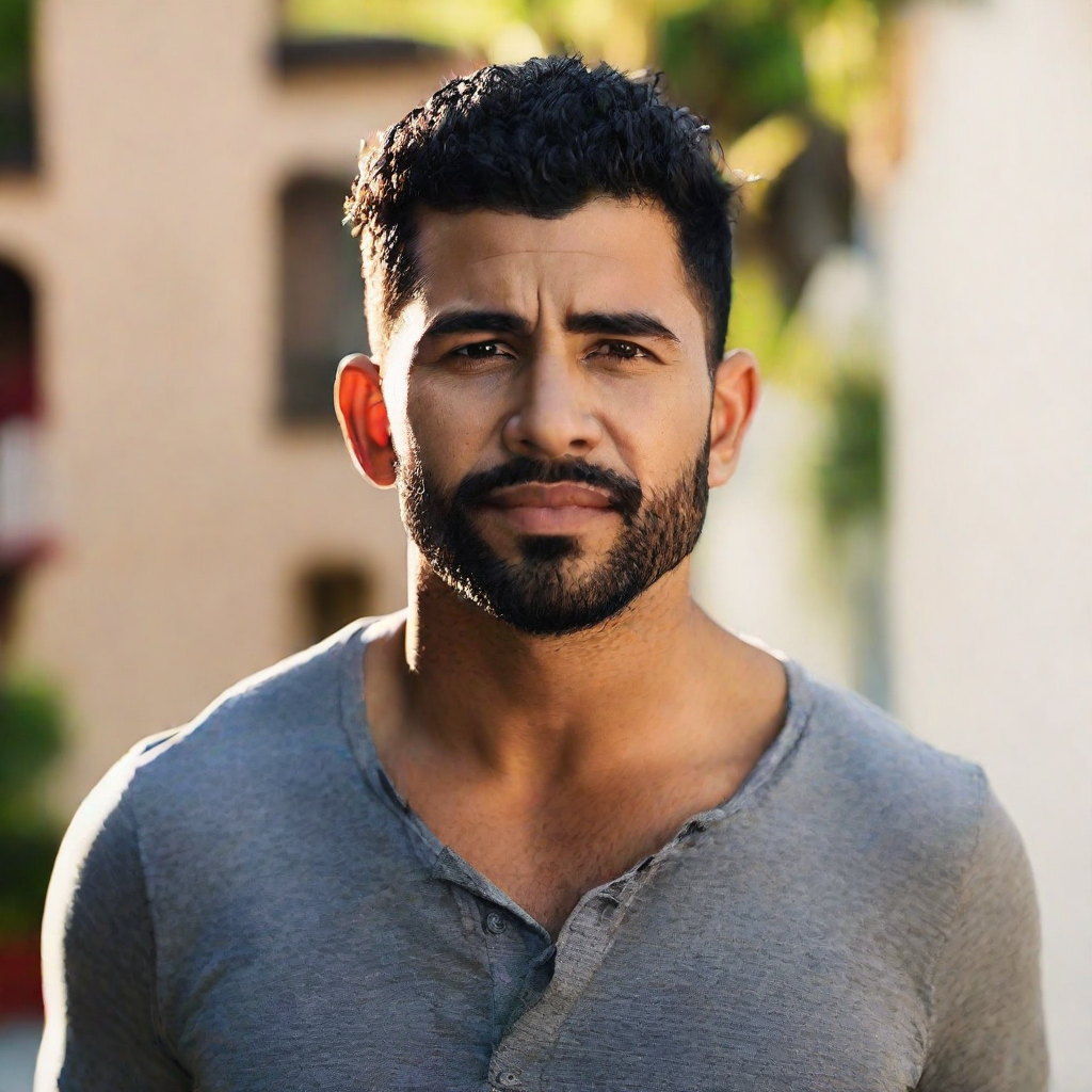 front shot, photo of 30 yo Hispanic male, no beard  looks at viewer, cinematic shot