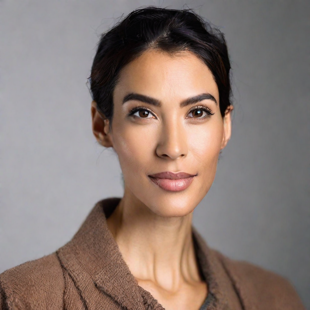 front shot, photo of a sleek, modern figure with soft, welcoming features—friendly eyes that convey warmth and underst