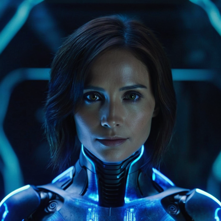 front shot, actor photo of a Cortana  looks at viewer, cinematic shot