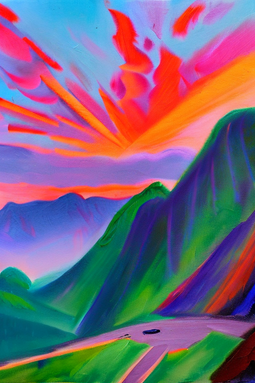 AI generated art representing "A painting of the Ha Giang mountains at sunrise, shrouded in a misty fog and lined with winding roads. Thick, vibrant brushstrokes accentuate the dramatic reds and oranges of the sky, while the blues, greens and purples of the earth beneath bring a tranquil mood, illuminating the vastness of the landscape."