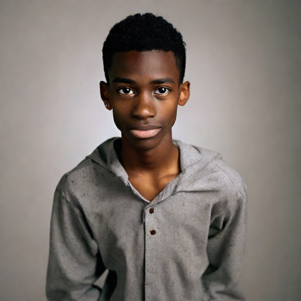 front shot, photo of black male, skinny with pimples on his face, approximately 5’8”, high school age  looks at view