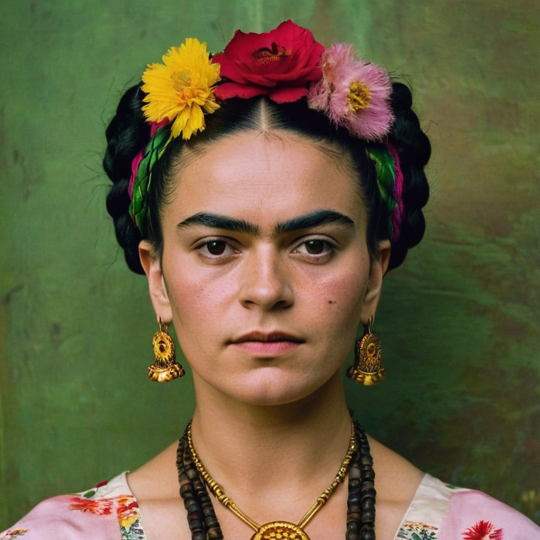 front shot, actor photo of a woman who looks like frida kahlo  looks at viewer, cinematic shot