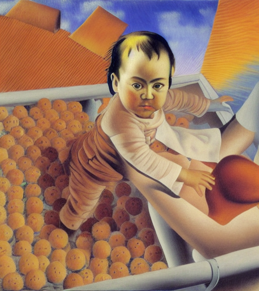 Baby girl in the clouds by Rene Magritte surrealist by Frida Kahlo