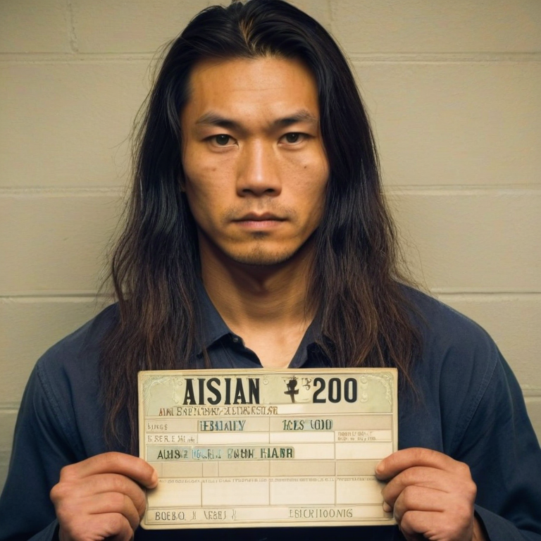 front shot, mugshot photo of a Asian man 20s long hair  looks at viewer, cinematic shot