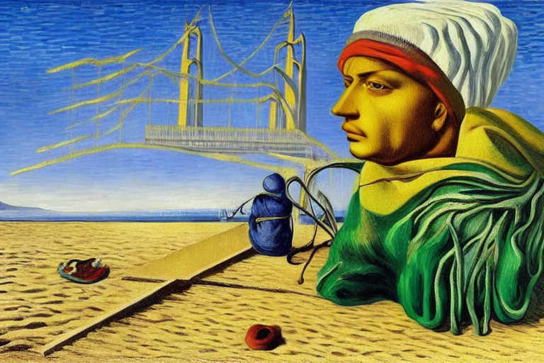 Man with beanie sitting at beach next to Golden Gate Bridge  by Rene Magritte surrealist by Salvador Dali by Vincent van
