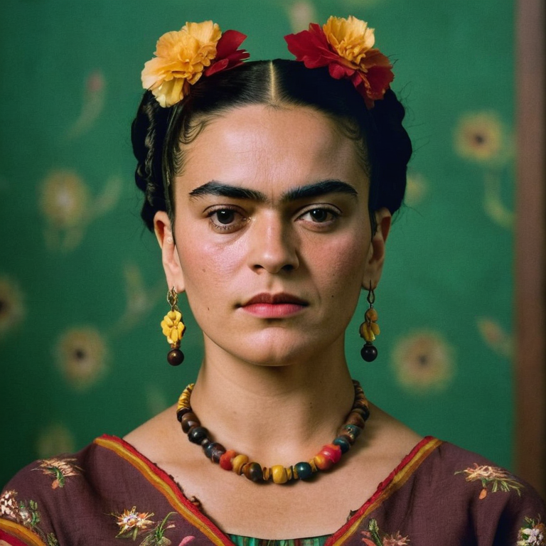 front shot, actor photo of a woman who looks like frida kahlo  looks at viewer, cinematic shot