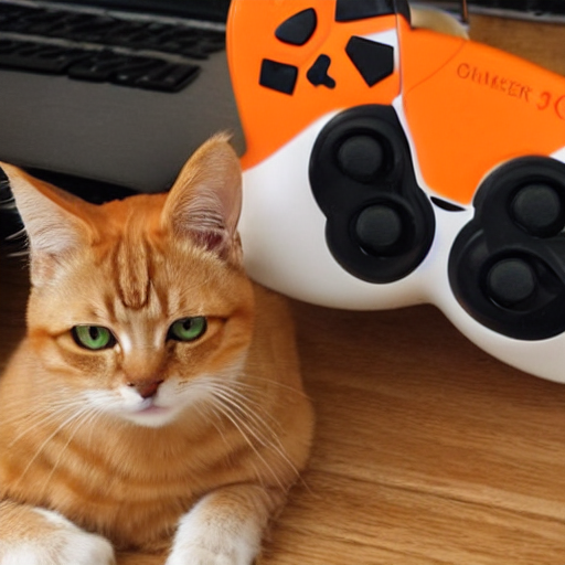 Stable Diffusion prompt: gamer cat orange with ps5 and pc - PromptHero