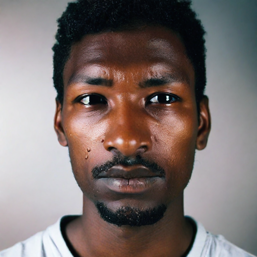 front shot, photo of face with no eyebrows  looks at viewer, cinematic shot