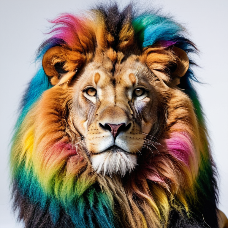 white background, front shot studio photo of a social rainbow lion  looks at viewer, cinematic shot
