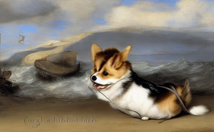 Corgi with tail at the beach by Rembrandt