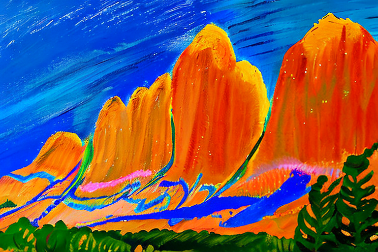 AI generated art representing "The Cordillera del Paine, Chile, is ablaze with the golden hues of summer at the golden hour. Brilliant oranges, vivid blues, and wild magentas, all in bright contrast, saturate the landscape. Thick brushstrokes and vibrant hues, luminous and striking, create an emotionally charged atmosphere of awe and surprise."