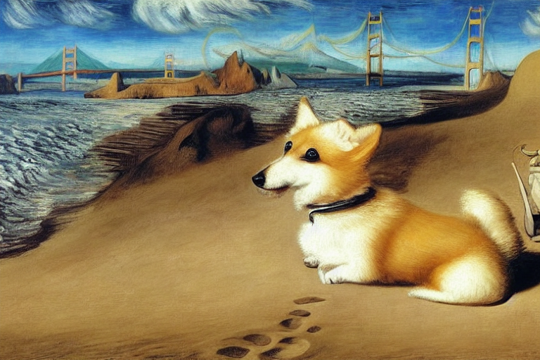 Sable haired heart shaped face Corgi with tail on sand at the beach, Golden Gate Bridge in background by Rene Magritte s