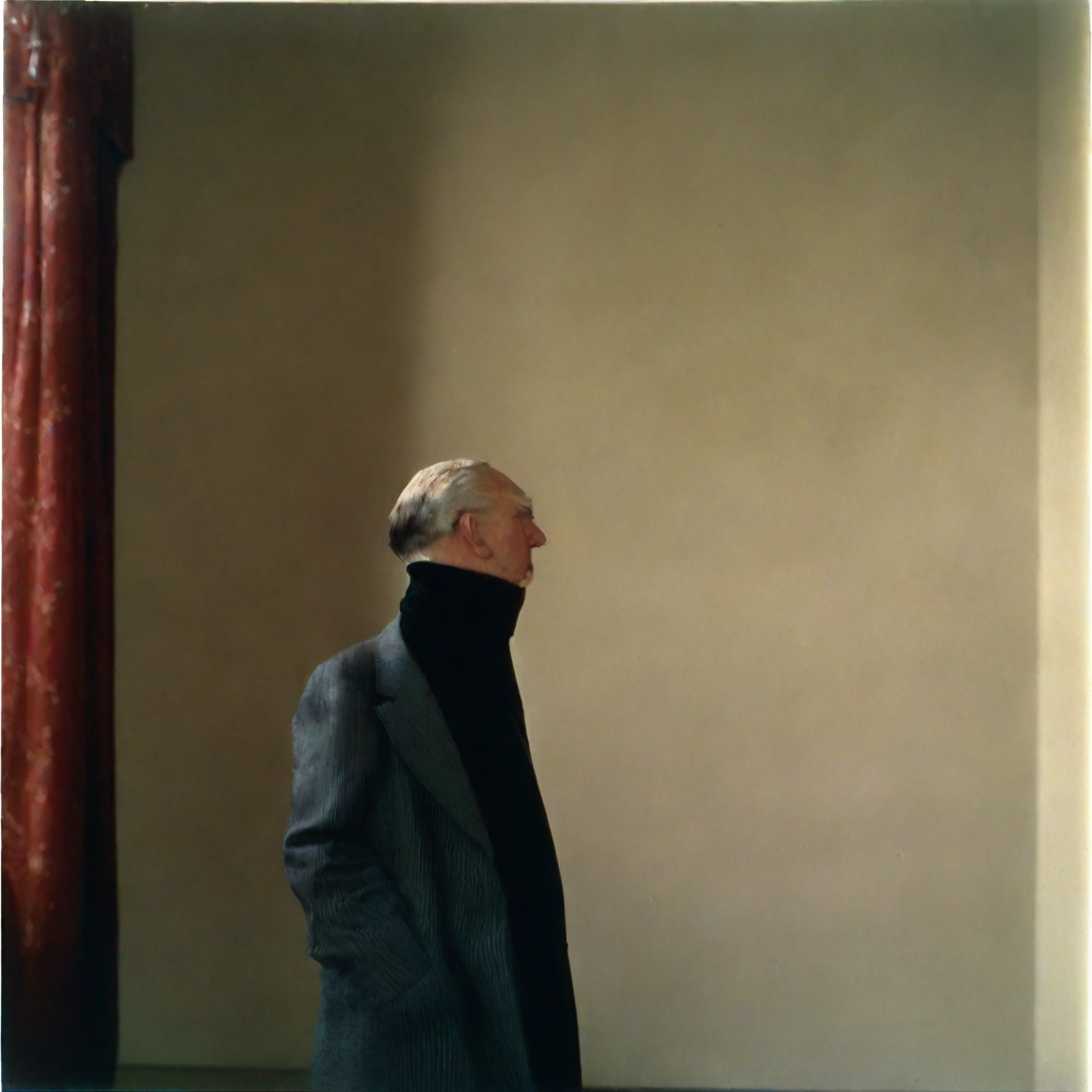 front shot, photo of rene magritte man looks at viewer, cinematic shot