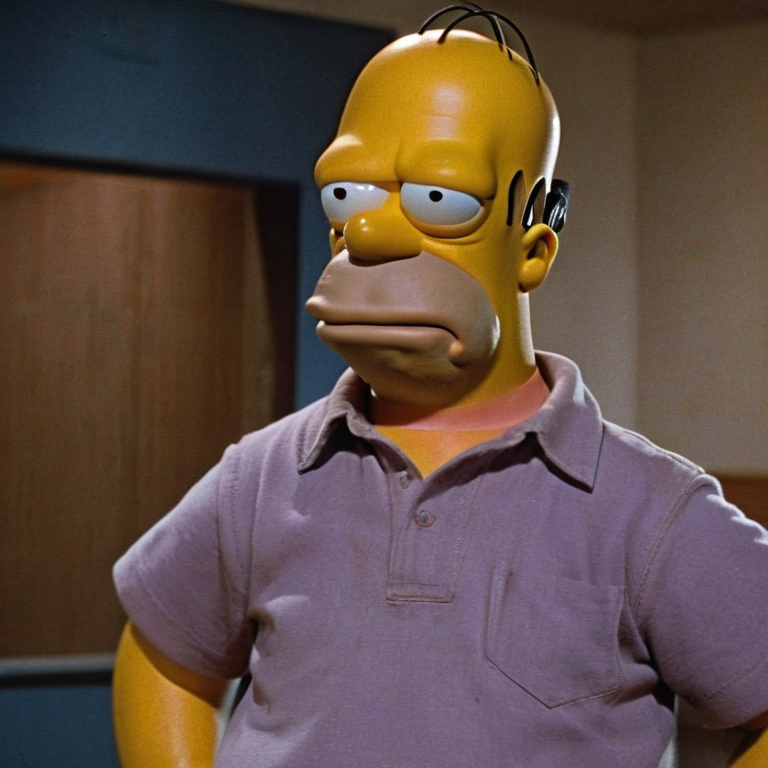 front shot, actor photo of a Homer Simpson  looks at viewer, cinematic shot