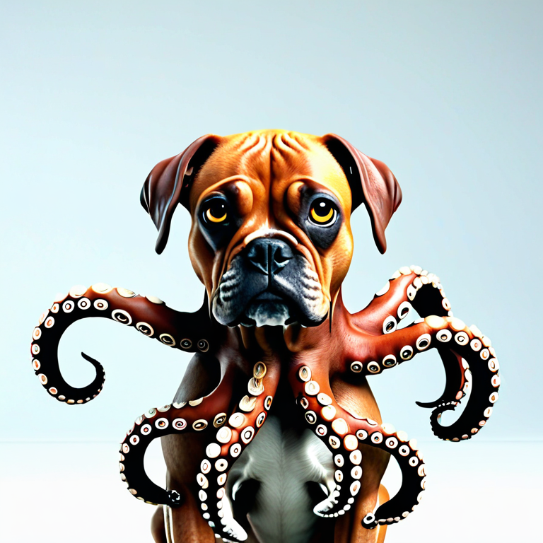 white background, front shot studio 3D render of OCTOPUS DOG, cinematic shot