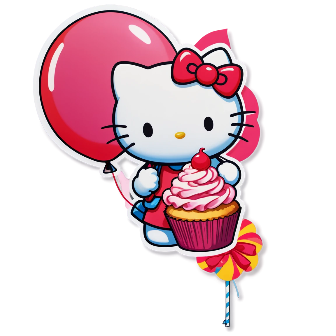 holding a balloon, with a cupcake hello-kitty stickers