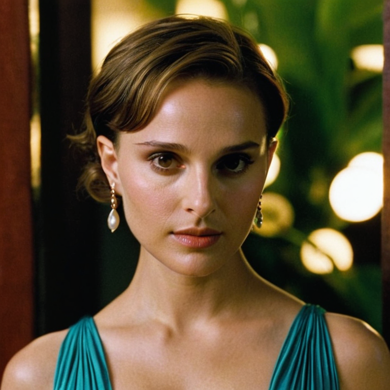front shot, actor photo of a Natalie Portman  looks at viewer, cinematic shot