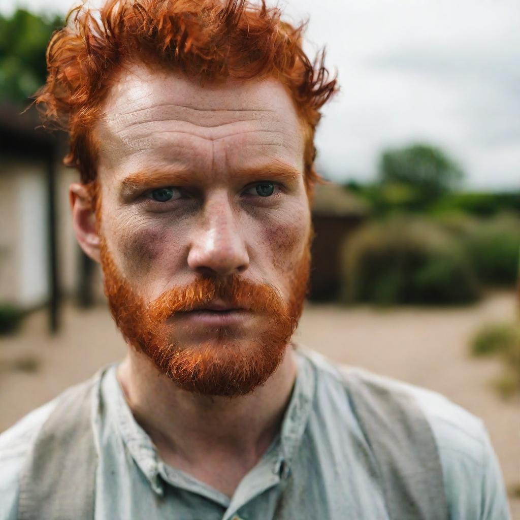 front shot, photo of a man with red hair and brown eyes  looks at viewer, cinematic shot