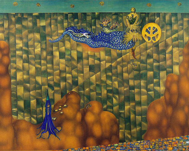 Dragon
With wizard below by Rene Magritte surrealist by Gustav Klimt