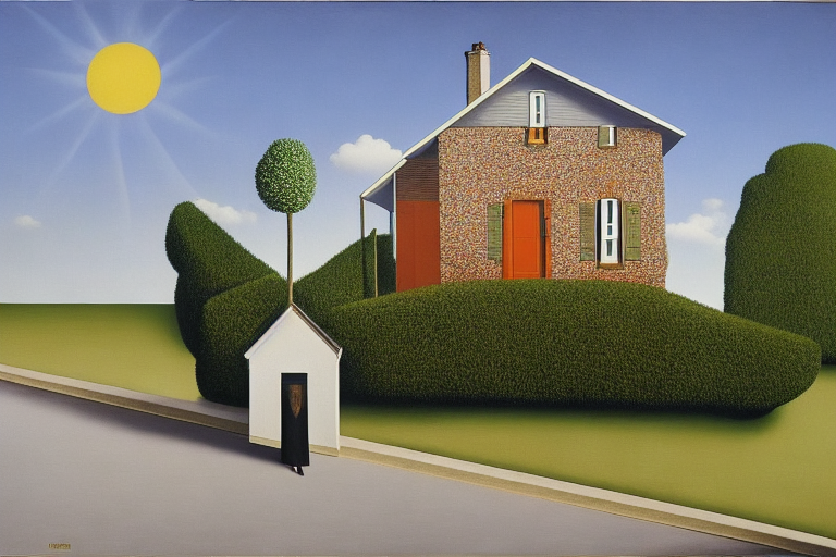 A person standing in front of a house on a sunny day by Rene Magritte surrealist