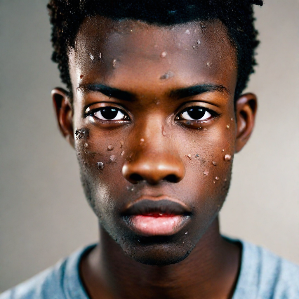 front shot, photo of black male, skinny with pimples on his face, approximately 5’8”, high school age  looks at view