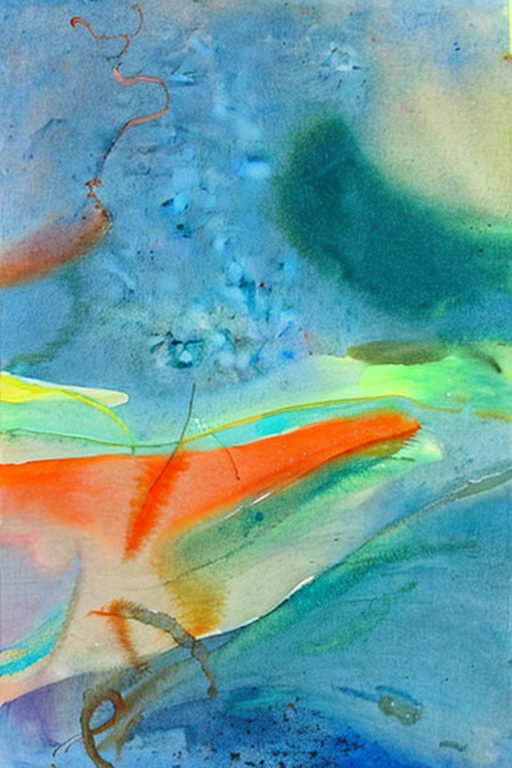 AI generated art representing "Create an abstract watercolor painting reminiscent of the style of Helen Frankenthaler, evoking the refreshing atmosphere of a coastal breeze. Use a color palette of soft blues, greens, and sandy yellows to convey the gentle movement of water and air. Incorporate organic shapes and fluid transitions between colors, capturing the essence of a tranquil seascape."