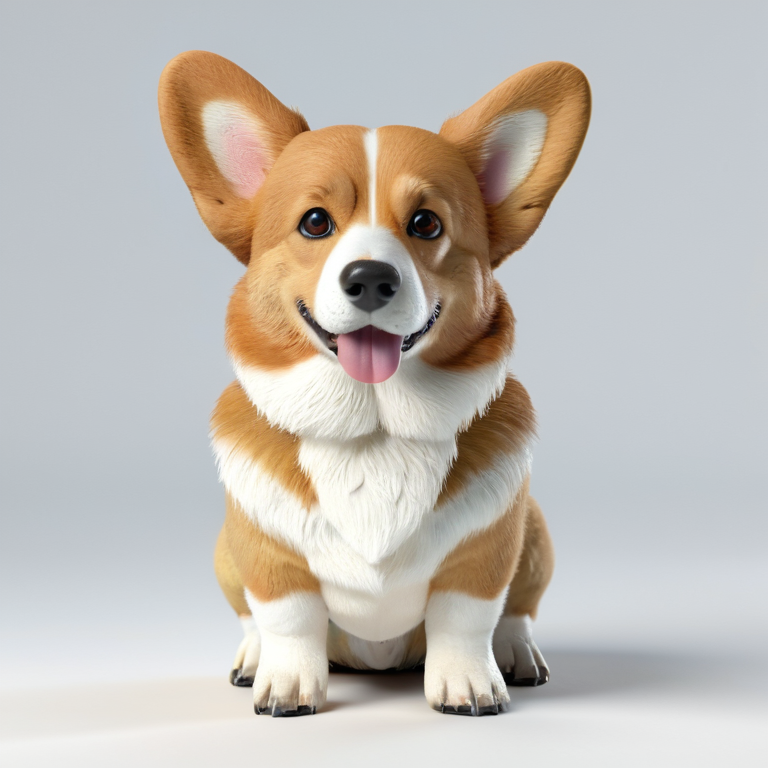 white background, front shot studio 3D render of corgi, cinematic shot