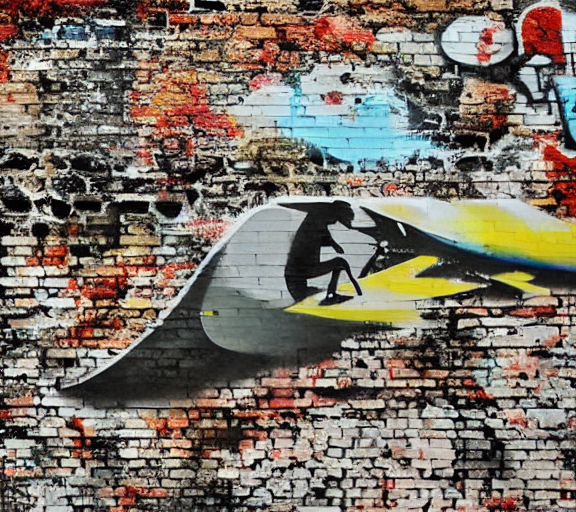 A surfer in Maldives by banksy on a brick wall